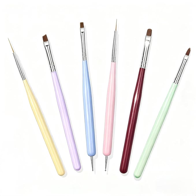 Faiteary Nail Art Brushes, 6PCS Nail Design Painting Brush Sets with Nail Polish Brush Nail Liner Brush Nail Extension Gel Brush Builder Nail Gel Brush and Nail Dotting Tool for DIY Nail Art