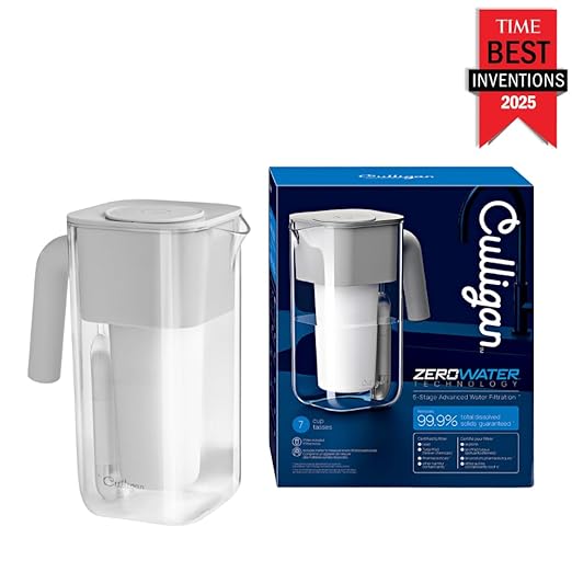 Culligan with ZeroWater Technology 7-Cup Water Filter Pitcher – Includes 5-Stage Advanced Water Filter, IAPMO Certified to Reduce Lead, Total PFAS (Forever Chemicals), Mercury, Fluoride, and Chlorine