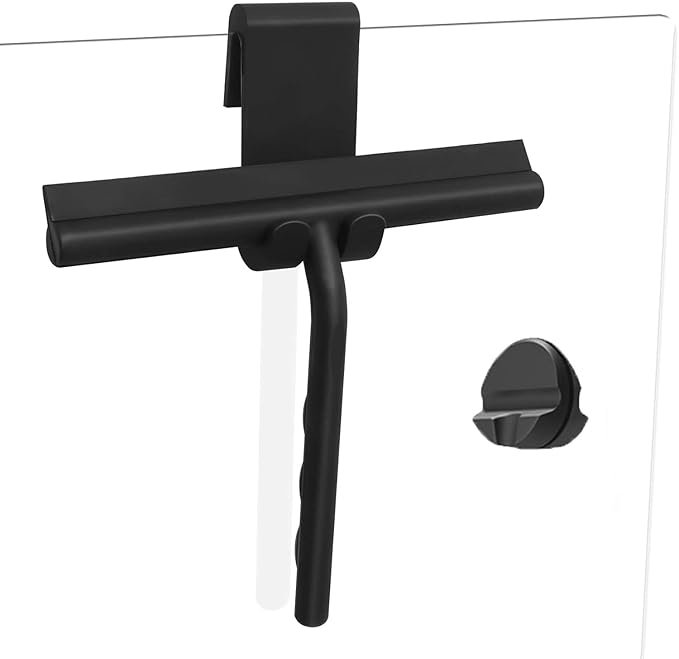 Shower Squeegee for Glass Doors, Full Silicone Jacketed Squeegee with Ergonomic Handle & No-Drill Hook, Cleaning Tool for Windows, Mirrors, Tiles, Bathroom & Car - Black