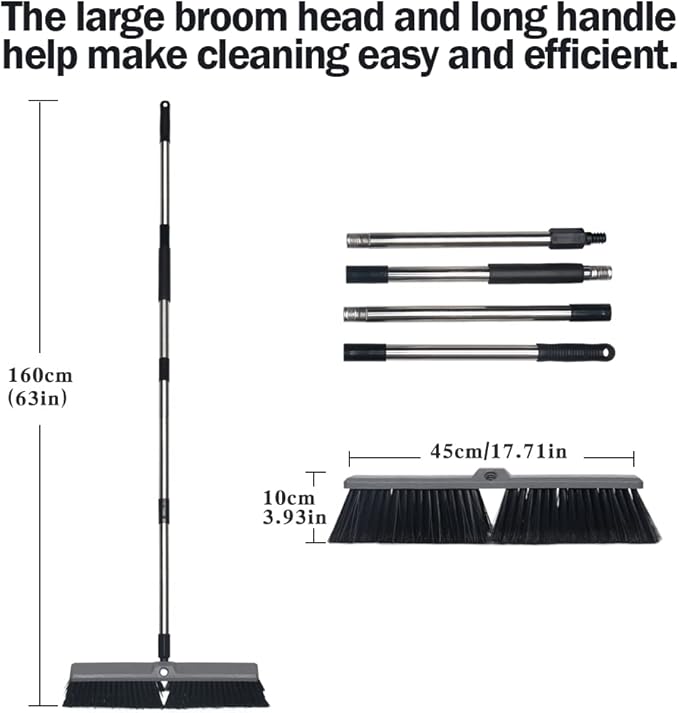 18 Inch Push Broom Brush Outdoor Heavy Duty Broom Stiff Bristles Commercial Outdoor Broom Brush for Cleaning Garage Driveway Yard Patio Deck Concrete Wood Stone Floor with 63" Long Handle