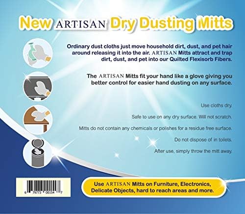 Artisan DUSTING MITT Replaces Microfiber Dusting Cloths, Dust Wipes, Feather Dusters. Grabs and Locks in Dust, Pet Hair, and Allergens for The Best Cleaning Possible Dual-Sided Disposable.20 Mitts.