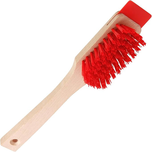 KIBBEH Heavy Duty Stiff Bristle Brush with Wood Handle and Scraper, Multi-Surface Outdoor Cleaning Tool for Patio, Deck, Lawn Mower, Gardening and Tough Grime (Red)