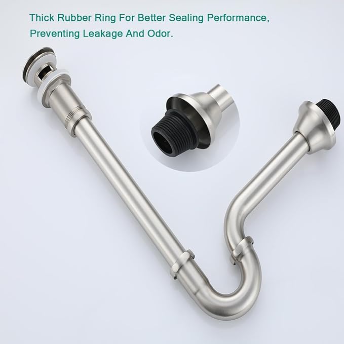 Brass P Trap with Pop Up Drain Stopper With Overflow,U-Shape 1 1/4 Slip Joint Extension Tub Sink Drain Pipe,12 inch Pipe length Adjustable Height Sink Waste Trap Drain Kit,Brushed Nickel