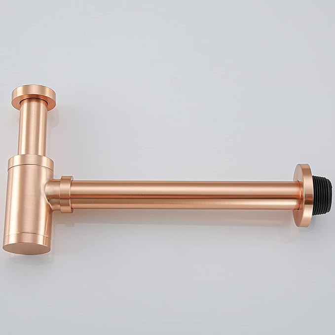 RANDOM Brass Contemporary Round Bottle P Trap 1 1/4 Basin Sink Waste Drain P Trap Kit, Copper Satin, Also Red Antique Copper（Brushed Rose Gold）