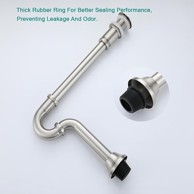 Brass P Trap with Pop Up Drain Stopper,U-Shape 1 1/4 Slip Joint Extension Tub Sink Drain Pipe,12 inch Pipe length Adjustable Height Sink Waste Trap Drain Kit,Without Overflow,Brushed Nickel