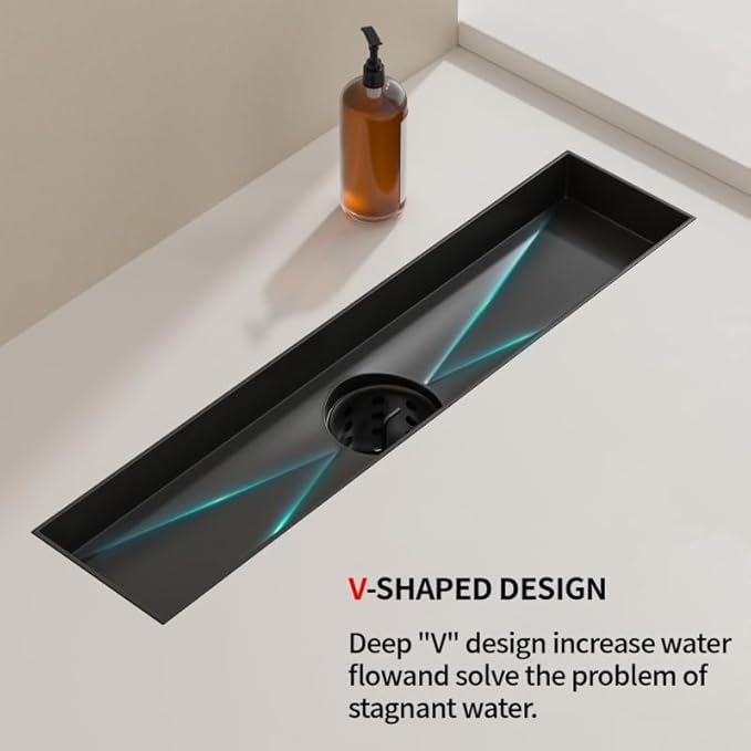 Linear Shower Drain, 304 Stainless Steel with Adjustable Leveling Feet, Hair Strainer,Reversely Install Place to Create an Invisible Floor Drain - Black -48-Inch