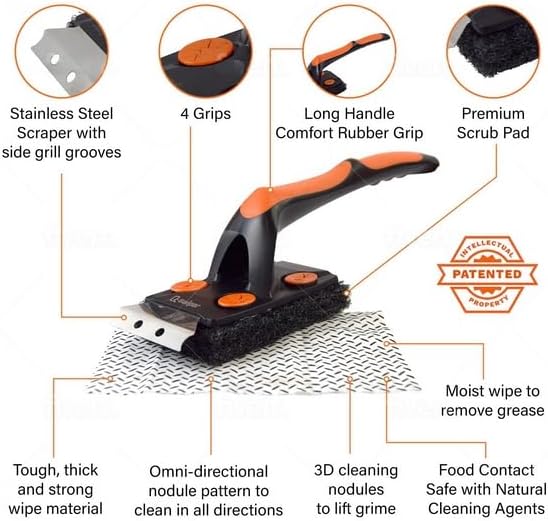 Proud Grill Q-Swiper XL BBQ Grill Brush Cleaner Set - 1 Long Grill Brush with Scraper & 40 Cleaning Wipes, Easy-Clean, Bristle & Wire Free, Grease & Grime Remover, Cleaner Kit for Outdoor Smoker