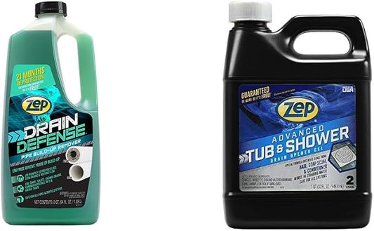 Zep Drain Defense Pipe Build-Up Remover (64 Ounces) and Advanced Tub & Shower Drain Opener Gel (32 Ounce)