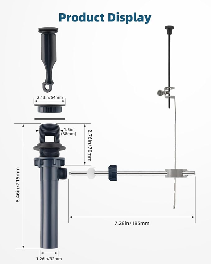 2PCS Bathroom Sink Drain with Lift Rod, Pop Up Sink Drain with Overflow, Universal Fit, Matte Black Drain Stopper for Vessel Sink, Assembly for Bathroom Faucet Sink