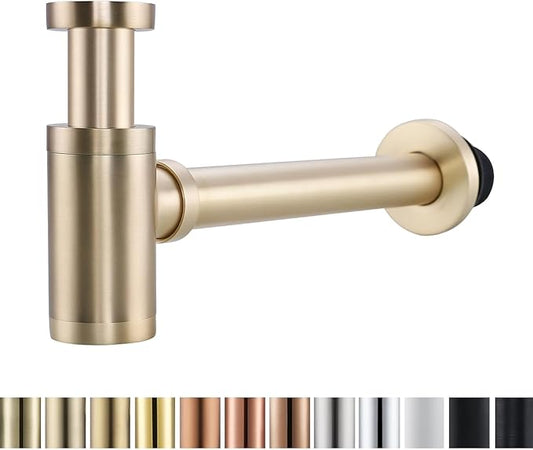 RANDOM Brass Contemporary Round Bottle P Trap 1 1/4,Basin Sink Waste Drain P Trap Kit (Brushed Gold)