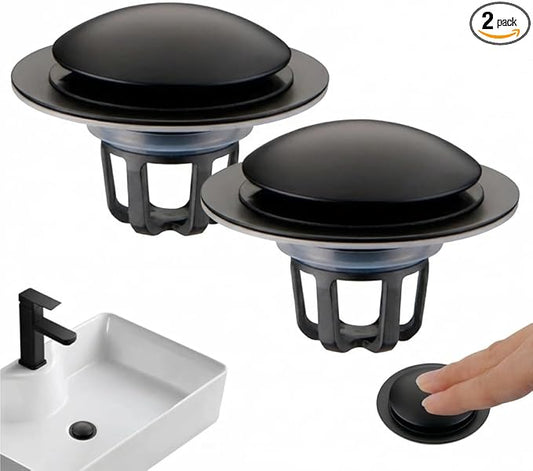 Pop Up Bathroom Sink Stopper,2 Pack Matte Black Sink Drain Stopper with Hair Catcher and Strainer,Glimflorus Universal 2-in-1 Drain Stopper for 1 1/8"-1 1/2" Drain Holes