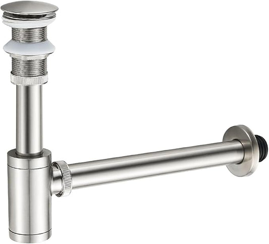 MENATT Solid Brass Bathroom Sink Stopper P-Trap Complete Set, Adjustable Bathroom Bottle Trap Sink Drain Kit and Pop Up Drain Without Overflow, Brushed Nickel