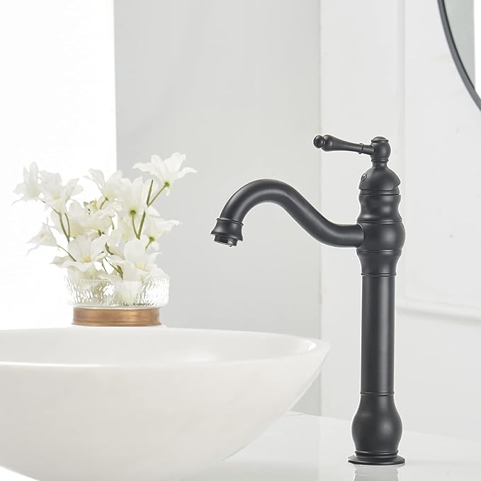 Black Vessel Sink Faucet Tall Farmhouse Single Hole Single Handle Vanity Lavatory Matte 360° Swivel for Bathroom with Pop Up Drain Without Overflow