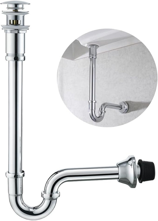 Brass P Trap with Pop Up Drain Stopper With Overflow,U-Shape 1 1/4 Slip Joint Extension Tub Sink Drain Pipe,12 inch Pipe length Adjustable Height Sink Waste Trap Drain Kit,Chrome