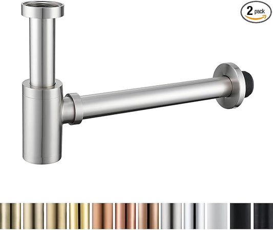 RANDOM Brass Contemporary Round Bottle P Trap 1 1/4,Basin Sink Waste Drain P Trap Kit (Brushed Nickel)