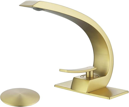 Brushed Gold Bathroom Faucet,Modern Single Hole Bathroom Sink Faucet,High Arc Brass Basin Mixer with 1 Hole or 3 Hole Mount 6-Inch 10-Inch Deckplate,Pop Up Overflow Drain Assembly Included