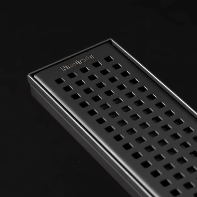 Neodrain 28-Inch Black Linear Shower Drain with Removable Quadrato Pattern Grate,Professional 304 Stainless Steel Rectangle Shower Floor Drain Manufacturer,Leveling Feet,Hair Strainer,Matte Black