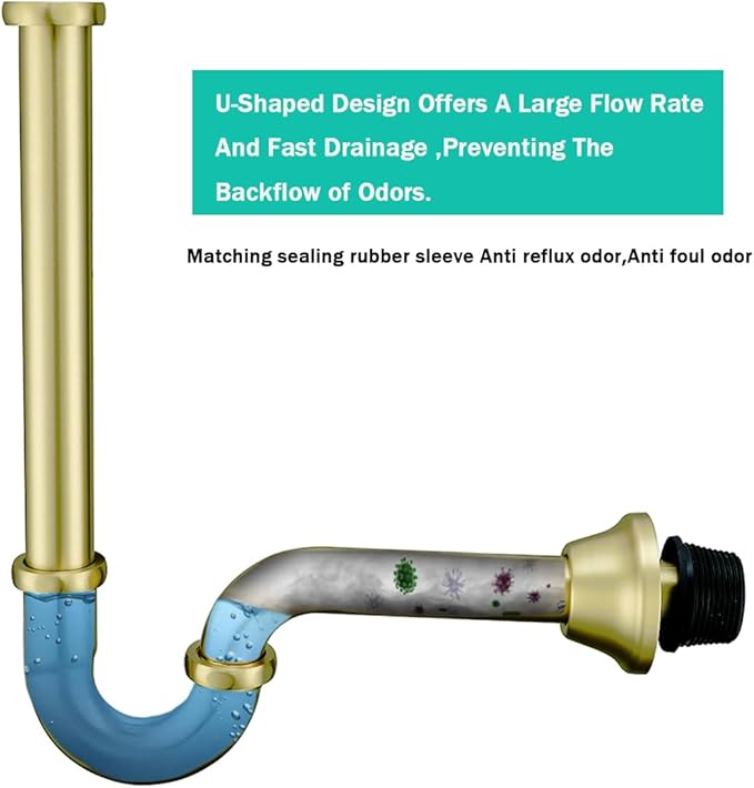 Brass P Trap U-Shape 11/4 inch Sink Drain Pipe with Slip Joint Extension Tub,12 inch Vertical Pipe length Adjustable Height Sink Waste Trap Drain Kit,Brushed Gold,SE83555BG-L