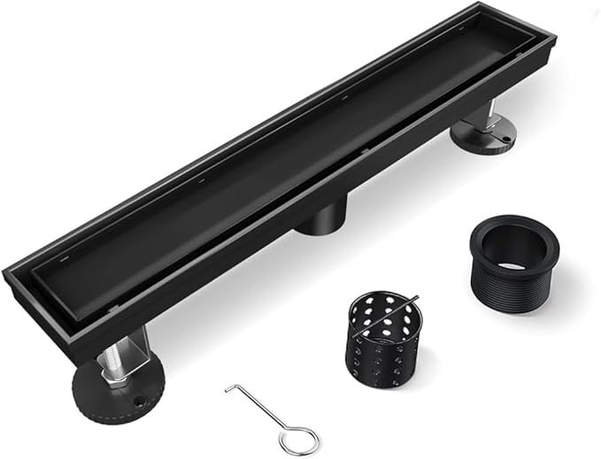Shower Drain, 18 Inch Black Linear Shower Drain with Removable Tile Insert Grate, 2 in 1 Bathroom Modern 304 Stainless Steel Matte Black Shower Floor Drain with Adjustable Feet,Hair Filter
