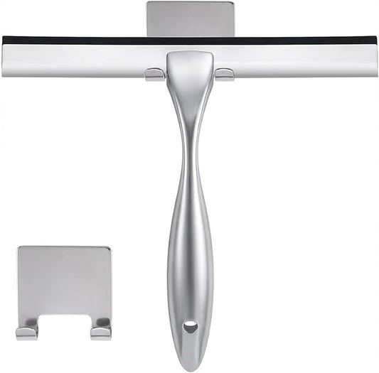 NETANY Shower Squeegee, 10-Inch Silver Squeegee, All-Purpose Stainless Steel Squeegee for Bathroom, Shower Doors, Mirrors, Tiles and Car Windows - 100% Streak Free