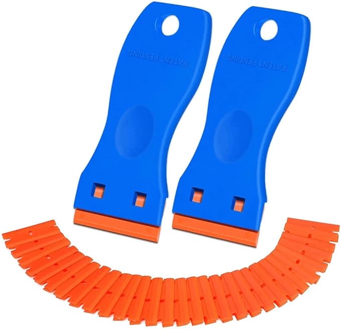 2PCS Plastic Razor Blade Scrapers with 100 Blades – LINKOceans Safe Adhesive Remover for Stickers, Decals, Labels, Caulk & Gaskets on 3D printer beds,Glass,car or Windows Non Scratch Cleaning Tool