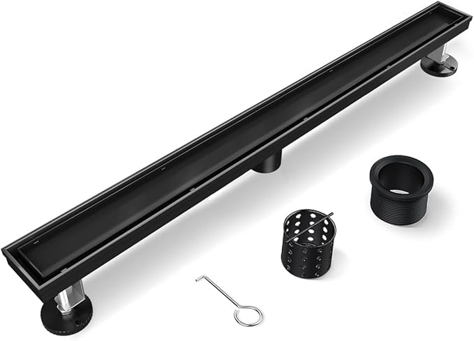 Linear Shower Drain, 60 Inch Black Shower Drain with Removable Tile Insert Grate, 2 in 1 Bathroom Modern 304 Stainless Steel Matte Black Shower Floor Drain with Adjustable Feet,Hair Strainer