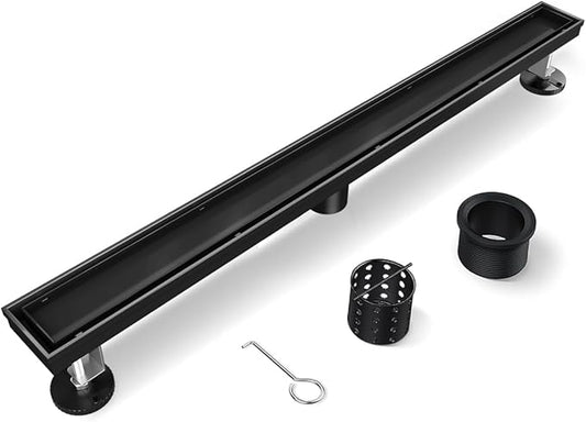 Linear Shower Drain, 60 Inch Black Shower Drain with Removable Tile Insert Grate, 2 in 1 Bathroom Modern 304 Stainless Steel Matte Black Shower Floor Drain with Adjustable Feet,Hair Strainer