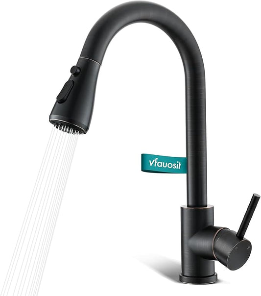 VFAUOSIT Oil-Rubbed Bronze Kitchen Faucet with Pull Down Sprayer – High Arc Single Handle Classic Design, Stainless Steel Single Hole for Farmhouse Camper Laundry RV Bar Sink
