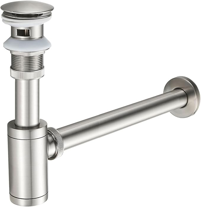 Bathroom Basin Sink Waste P-Trap Drain Kit, Adjustable Bottle Trap with Pop Up Drain Stopper with Overflow, Brushed Nickel