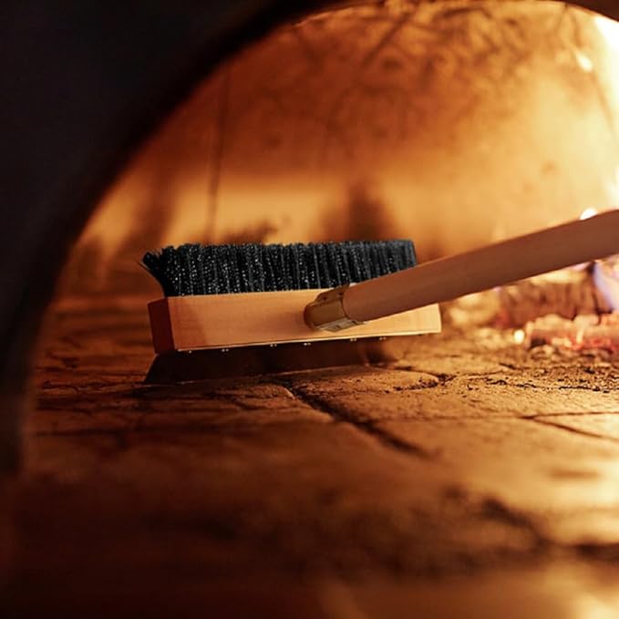 TrueCraftware- 10" Pizza Oven Brush with Scraper Black Metal Wire Brush with 37" Long Wooden Handle-Pizza Oven Cleaning Brush for Pizza Stone Grill Brush Outdoor BBQ Cleaning Oven Accessories
