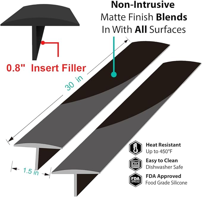 Stove Counter Gap Cover, Extra Long 30" Silicone Kitchen Gap Filler (for 0.2-1 inch Gap), 4/5 Deep Insert Tab, One Size Fit 21&25 Countertop(Set of 2, Black)