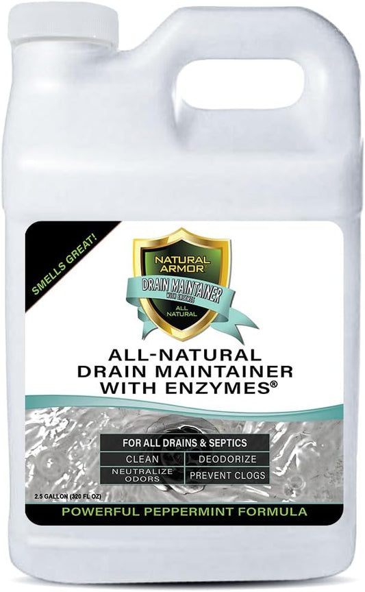 Natural Armor Enzyme Drain Maintainer - Quart Drain Cleaner with Natural Enzyme Power to Prevent Buildup & Odors - Safe for Sinks, Showers, Grease Traps & Septic - Non-Toxic Formula, 2.5 Gallon