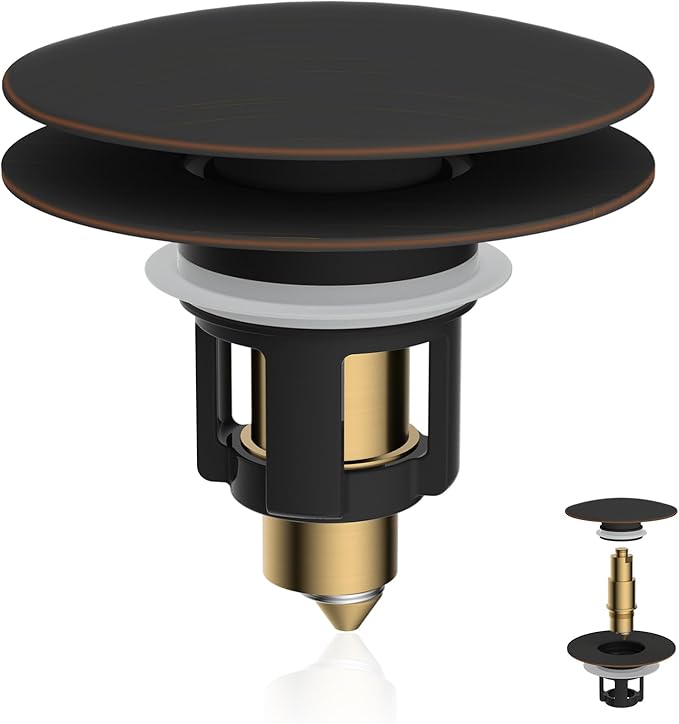 Universal Bathroom Sink Stopper, Metal Pop Up Sink Drain Strainer with Hair Catcher, Fit 1.1"-2.36" US Basin, Wash Basin Drain Plug, Big/Small Cover Cap, Brass Bounce Core, Oil Rubbed Bronze