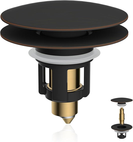 Universal Bathroom Sink Stopper, Metal Pop Up Sink Drain Strainer with Hair Catcher, Fit 1.1"-2.36" US Basin, Wash Basin Drain Plug, Big/Small Cover Cap, Brass Bounce Core, Oil Rubbed Bronze