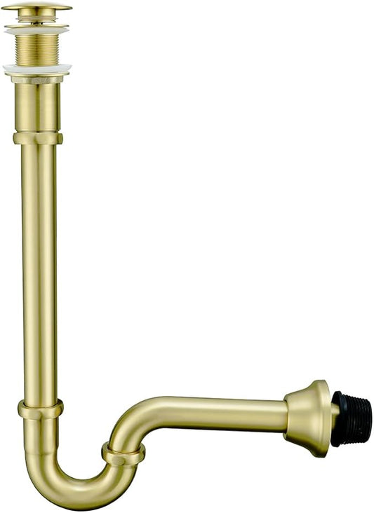 Brass P Trap with Pop Up Drain Stopper,U-Shape 1 1/4 Slip Joint Extension Tub Sink Drain Pipe,12 inch Pipe length Adjustable Height Sink Waste Trap Drain Kit,Without Overflow,Brushed Gold