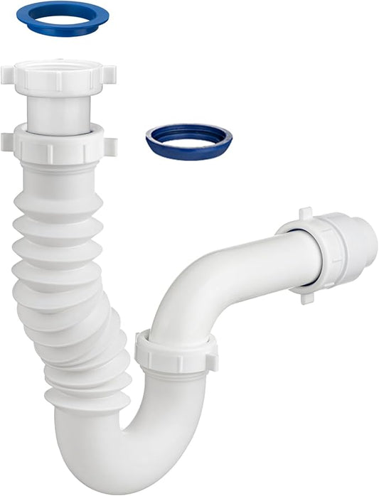 (1 Pack) Yariwiz White P Trap 1-1/2 Inch for Bathroom Kitchen Sink Drain Pipe Tubular Kit with Adjustable J-Bend, Tailpiece, Threaded Adapter and Blue TPE Washer KSD-008W