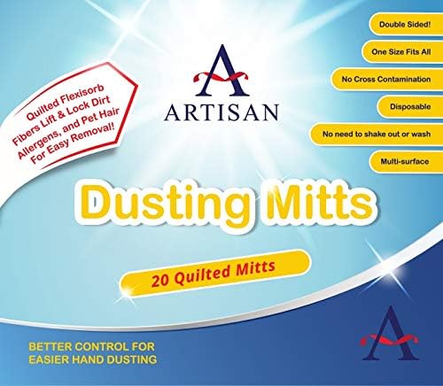 Artisan DUSTING MITT Replaces Microfiber Dusting Cloths, Dust Wipes, Feather Dusters. Grabs and Locks in Dust, Pet Hair, and Allergens for The Best Cleaning Possible Dual-Sided Disposable.20 Mitts.