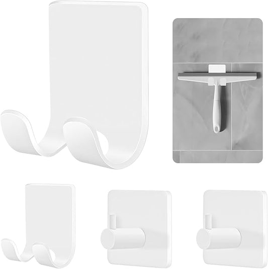 CGBE 4 Pack Shower Hooks - Self Adhesive Shaver Holder Hanger for Bathroom, Damage Free Wall Hooks for Razor, Loofah Sponge - White