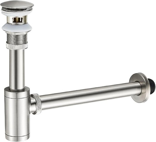 MENATT Bathroom Sink P-Trap Complete Set, Solid Brass 1-1/4 Bottle Trap Sink Drain Kit with Overflow Pop Up Drain Stopper, Brushed Nickel