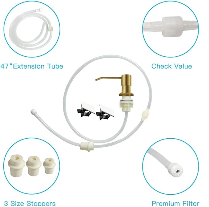 OHiHi Dish Soap Dispenser for Kitchen Sink, Countertop Sink Soap Dispenser Water Pump with 47” No-Spill Extension Tube Kit Design for Kitchen Bathroom, Easy to Press, No More Refills （Golden）