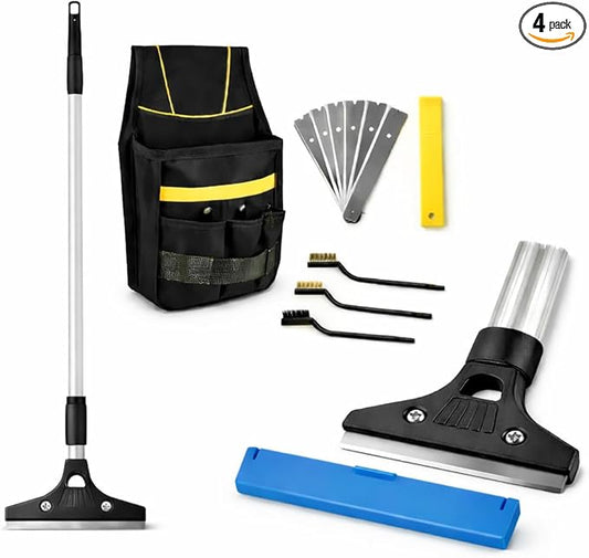 KATARY Long Handle Floor Scraper and Wall Tile Scraper Tool with Razor Blade with Tool Bag and 3-Piece Cleaning Brush Set - Grout, Concrete and Glue Remover Kit