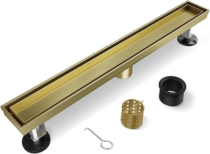 Linear Shower Drain, 42 Inch Gold Shower Drain with Removable Tile Insert Grate, 2 in 1 Bathroom Modern 304 Stainless Steel Brushed Gold Shower Floor Drain with Adjustable Feet,Hair Filter