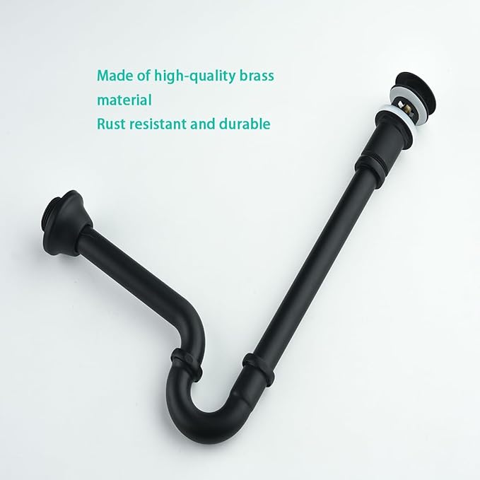 Brass P Trap with Pop Up Drain Stopper With Overflow,U-Shape 1 1/4 Slip Joint Extension Tub Sink Drain Pipe,12 inch Pipe length Adjustable Height Sink Waste Trap Drain Kit,Matte Black