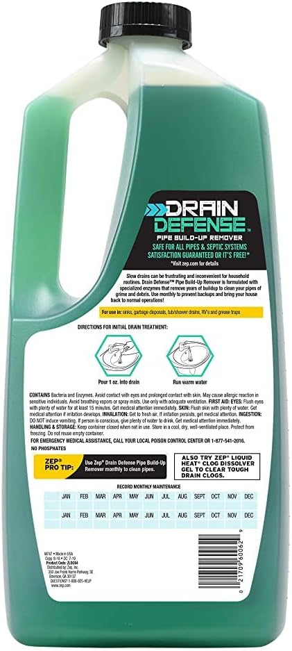 Zep Drain Defense Pipe Build-Up Remover - 64 oz (Case of 4) ZLDC64 - Professional Strength Liquid Pipe Build Up Remover