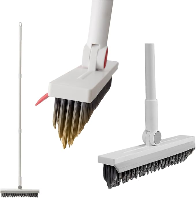 Floor Brush Scrubber with Long Handle Grout Brush Tile Floor Scrub Brush with Squeegee Heavy Duty Deck Brush Stain 180℃ Rotating Crevice Cleaning Brush Stiff Bristle Broom for Bathroom Wall