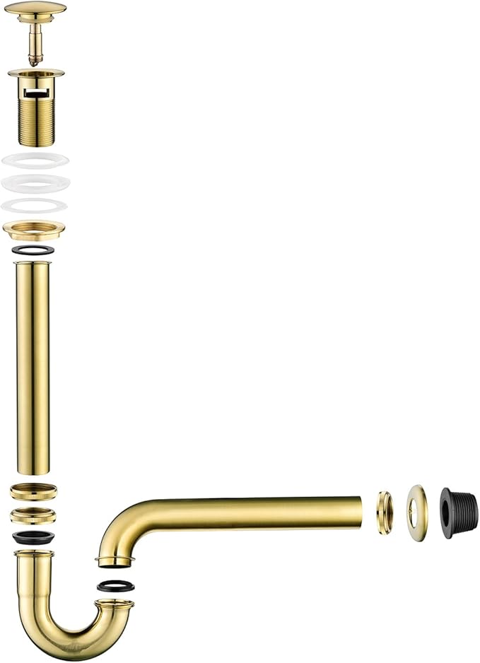 Thickened Brass P Trap Set: 1-1/4 P Trap with Bathroom Sink Stopper - Sink Drain Plumbing Kit for Pipe Replacement (Brushed Gold, with Overflow)