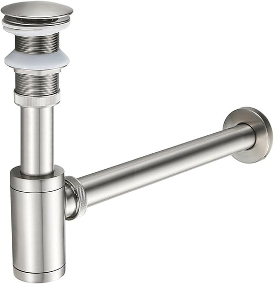 Solid Brass Bathroom Sink P-Trap Complete Set, Adjustable 1-1/4 Bottle Trap with Pop Up Drain Stopper Without Overflow, Brushed Nickel