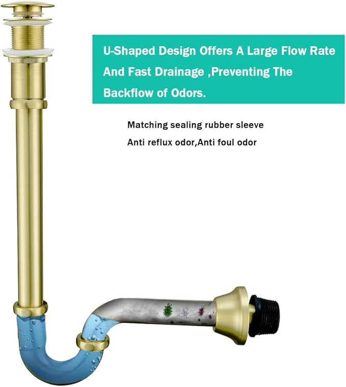 Brass P Trap with Pop Up Drain Stopper,U-Shape 1 1/4 Slip Joint Extension Tub Sink Drain Pipe,12 inch Pipe length Adjustable Height Sink Waste Trap Drain Kit,Without Overflow,Brushed Gold