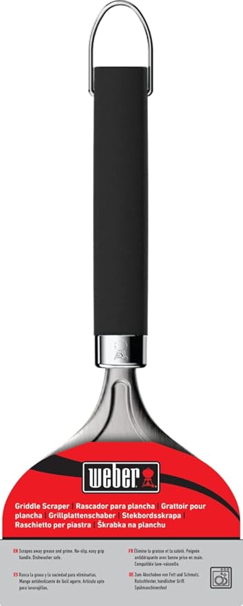 Weber Stainless Steel Griddle Scraper – Non‑Slip Easy‑Grip Handle with Hang Loop for Efficient Grease & Grime Removal, Dishwasher Safe