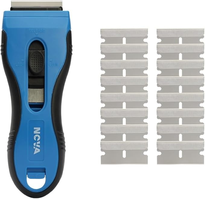 Nova Auto-load Razor Blade Scraper With 16 Extra Standard Razor Blades, Ergonomic Handle, Blades Storage, Cleaning Plastic Scraper Tool for Glass Stove Top, Paint, Window, Oven Door and Cooktop
